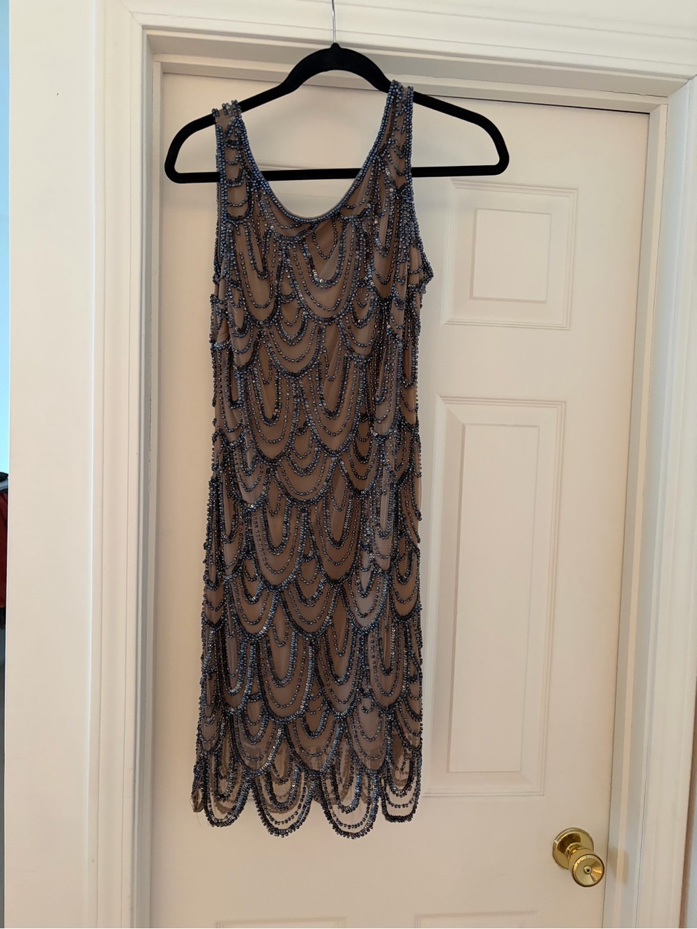 Pisarro Nights Nude Dress with Navy Beaded Scallops